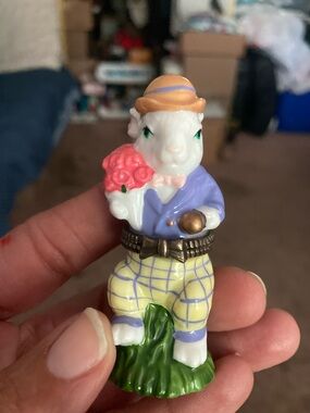 Decorative White Bunny Figurine with Purple Jacket and Yellow Pants